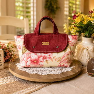 Handmade floral lunch tote with pink rose canvas and burgundy flap by Handmade Bags by Ladda