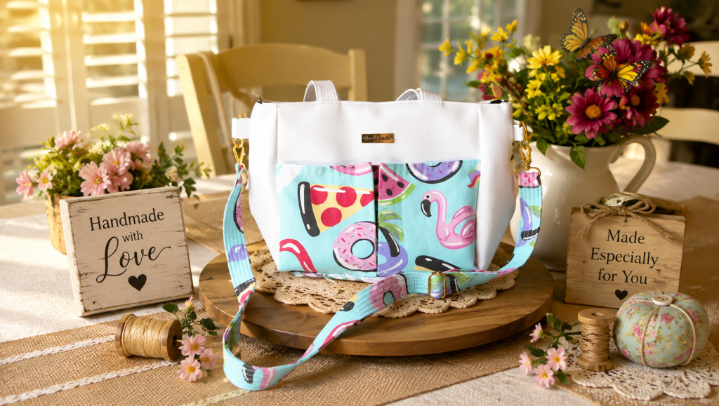 Handmade summer shoulder bag with colorful flamingo, watermelon and donut designer canvas pockets
