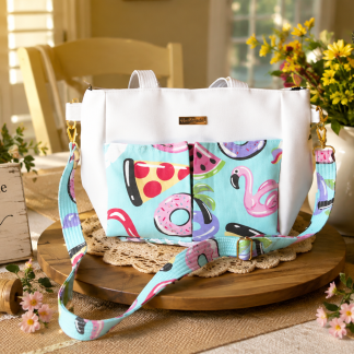 Handmade summer shoulder bag with colorful flamingo, watermelon and donut designer canvas pockets