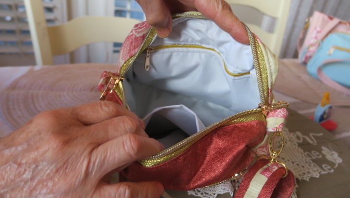 Handmade rose floral sling bag in burgundy and cream