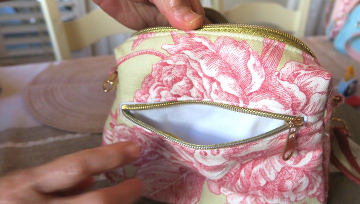 Handmade rose floral sling bag in burgundy and cream
