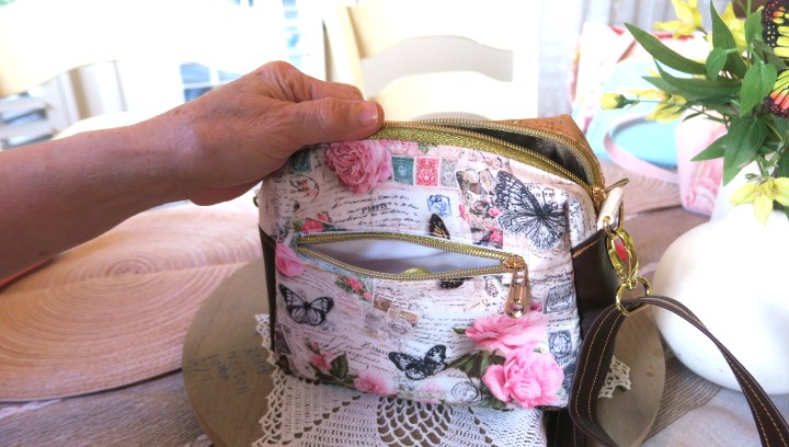 Handmade floral sling bag with pink roses and butterflies