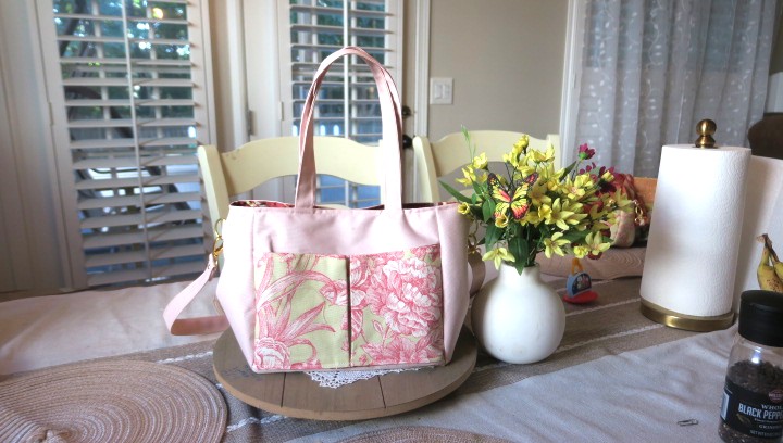 Handmade pink rose tote bag with two floral front pockets