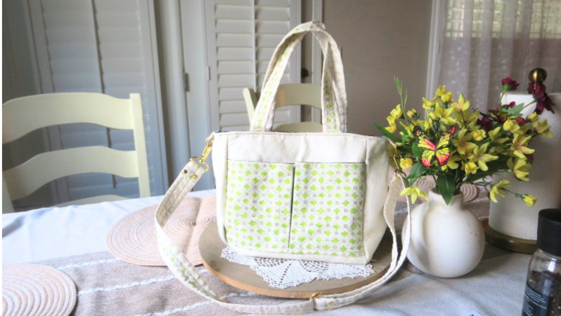 Green Clover Garden handmade shoulder tote bag with patterned front pockets