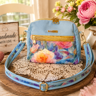 Handmade blue floral sling bag with colorful rose design