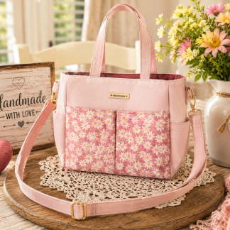 Handmade pink daisy tote bag with two front pockets