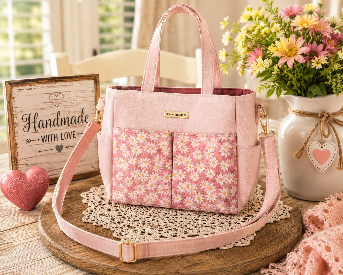 Handmade pink daisy tote bag with two front pockets