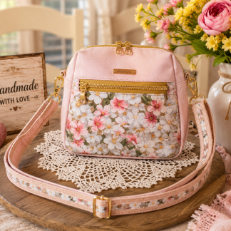 Handmade pink floral sling bag with pink and white blossoms