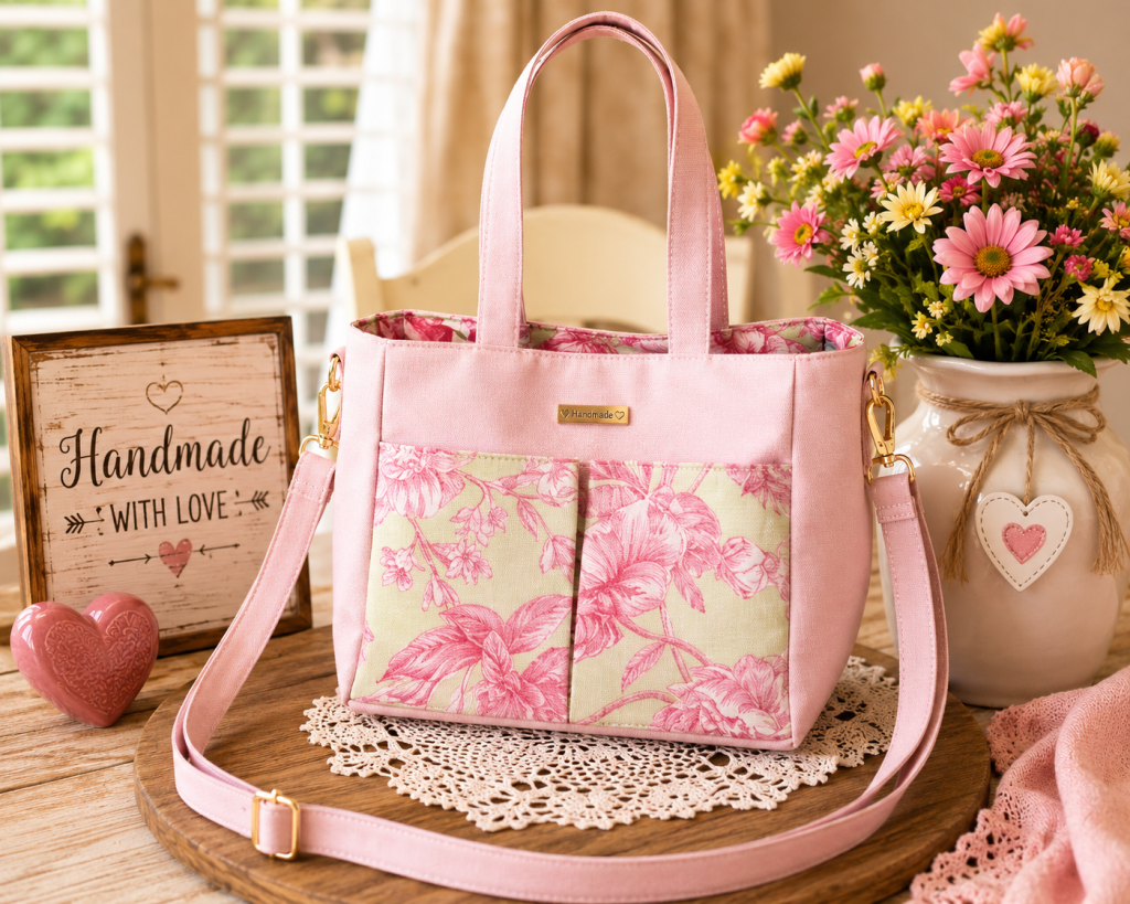 Handmade pink rose tote bag with two floral front pockets