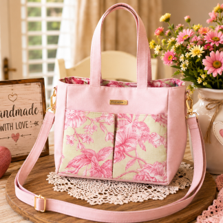 Handmade pink rose tote bag with two floral front pockets