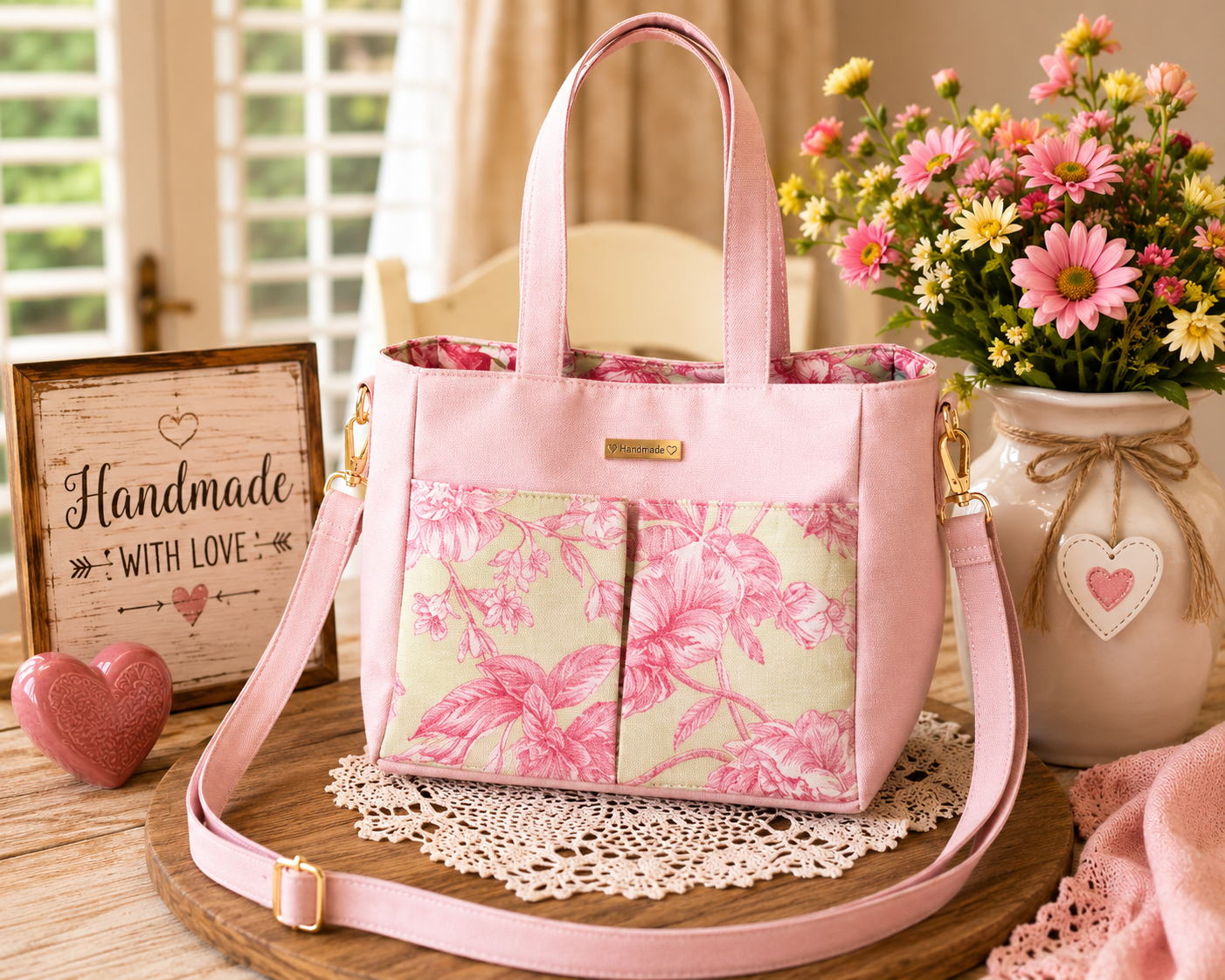 Handmade pink rose tote bag with two floral front pockets