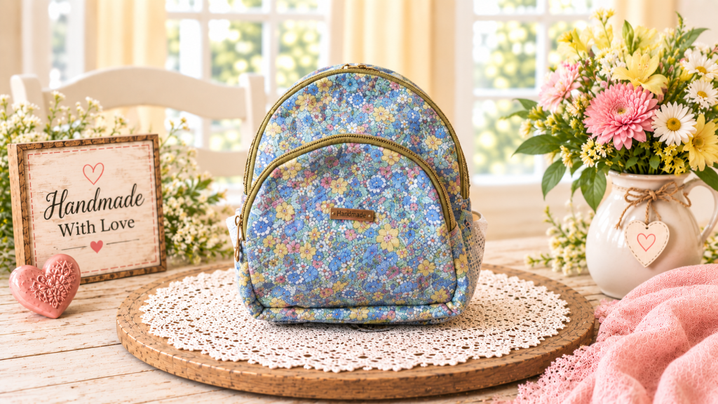 Handmade blue floral backpack purse with gold-tone zippers and a front zippered compartment