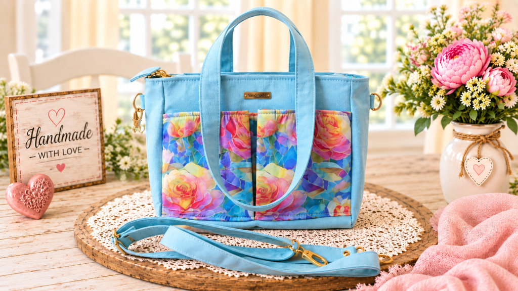 Handmade blue floral 2-in-1 handbag and shoulder tote with detachable adjustable strap.