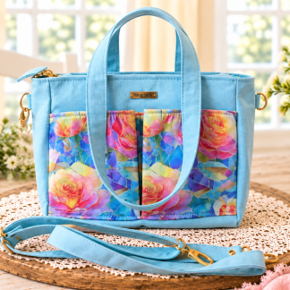 Handmade blue floral 2-in-1 handbag and shoulder tote with detachable adjustable strap.