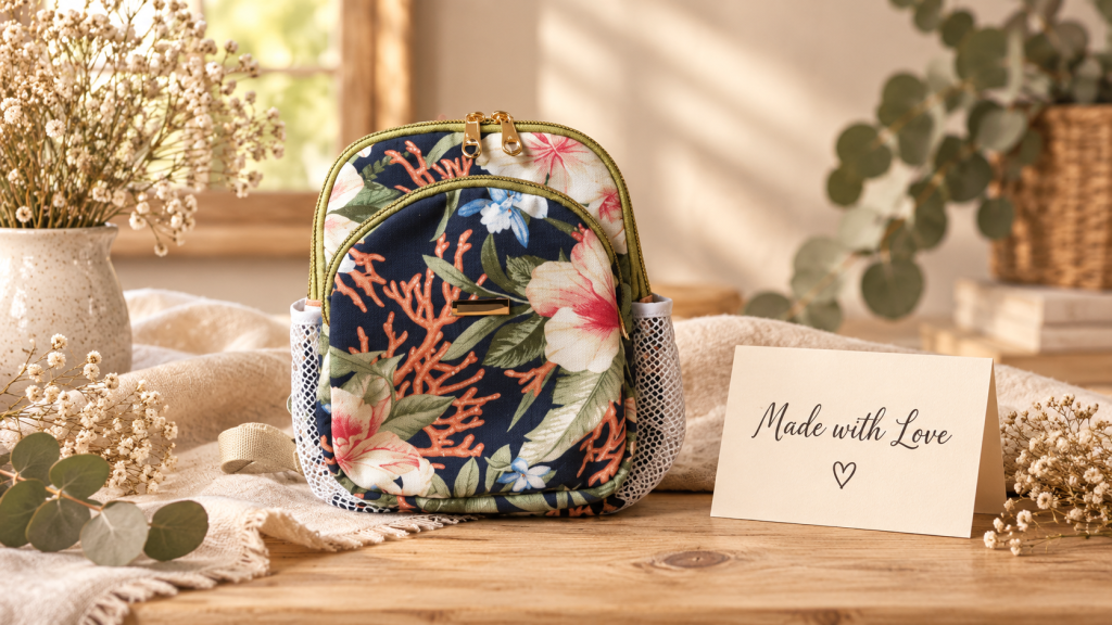 Coastal Garden waterproof canvas mini backpack with navy floral and coral pattern