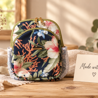 Coastal Garden waterproof canvas mini backpack with navy floral and coral pattern