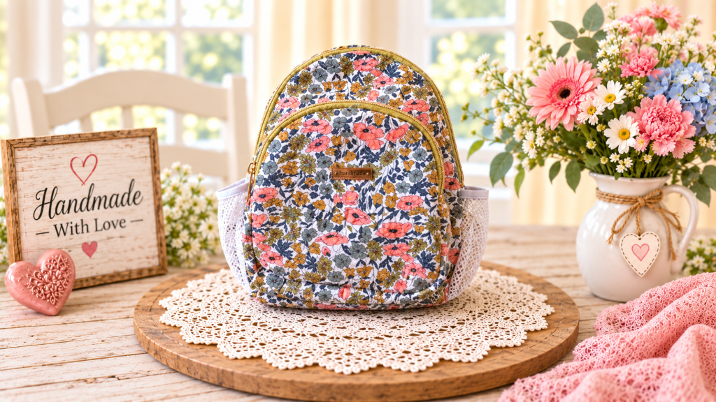 Handmade coral floral backpack with gold-tone zippers, front compartment, and side pockets