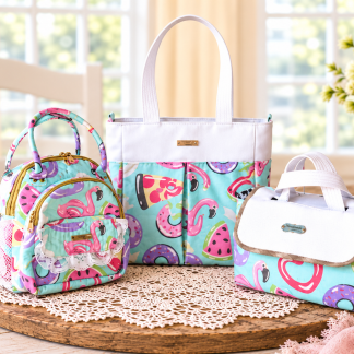 Handmade flamingo bag set with matching mini backpack, tote bag and lunch bag.