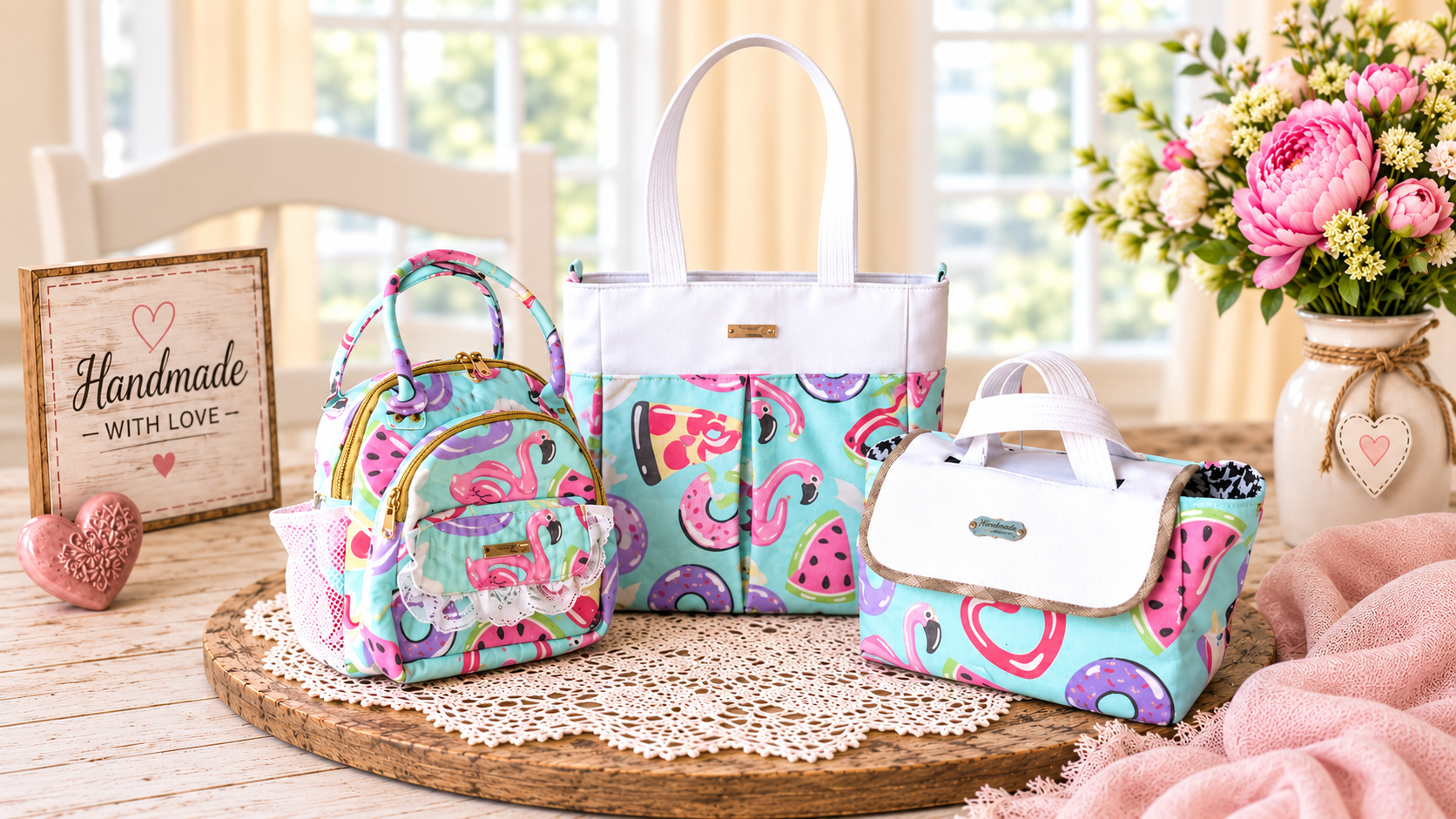 Handmade flamingo bag set with matching mini backpack, tote bag and lunch bag.