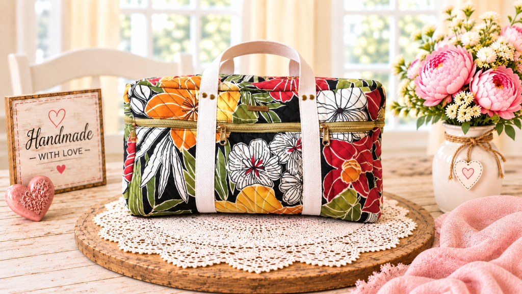Handmade floral travel duffle bag with white handles and gold-tone zipper pockets.