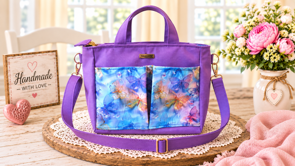 Handmade purple butterfly tote and shoulder bag with colorful blue floral front pockets.
