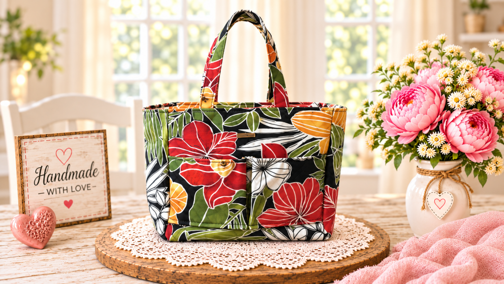 Handmade tropical floral tote bag with two front pockets and matching fabric handles.