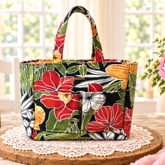 Handmade tropical floral tote bag with two front pockets and matching fabric handles.