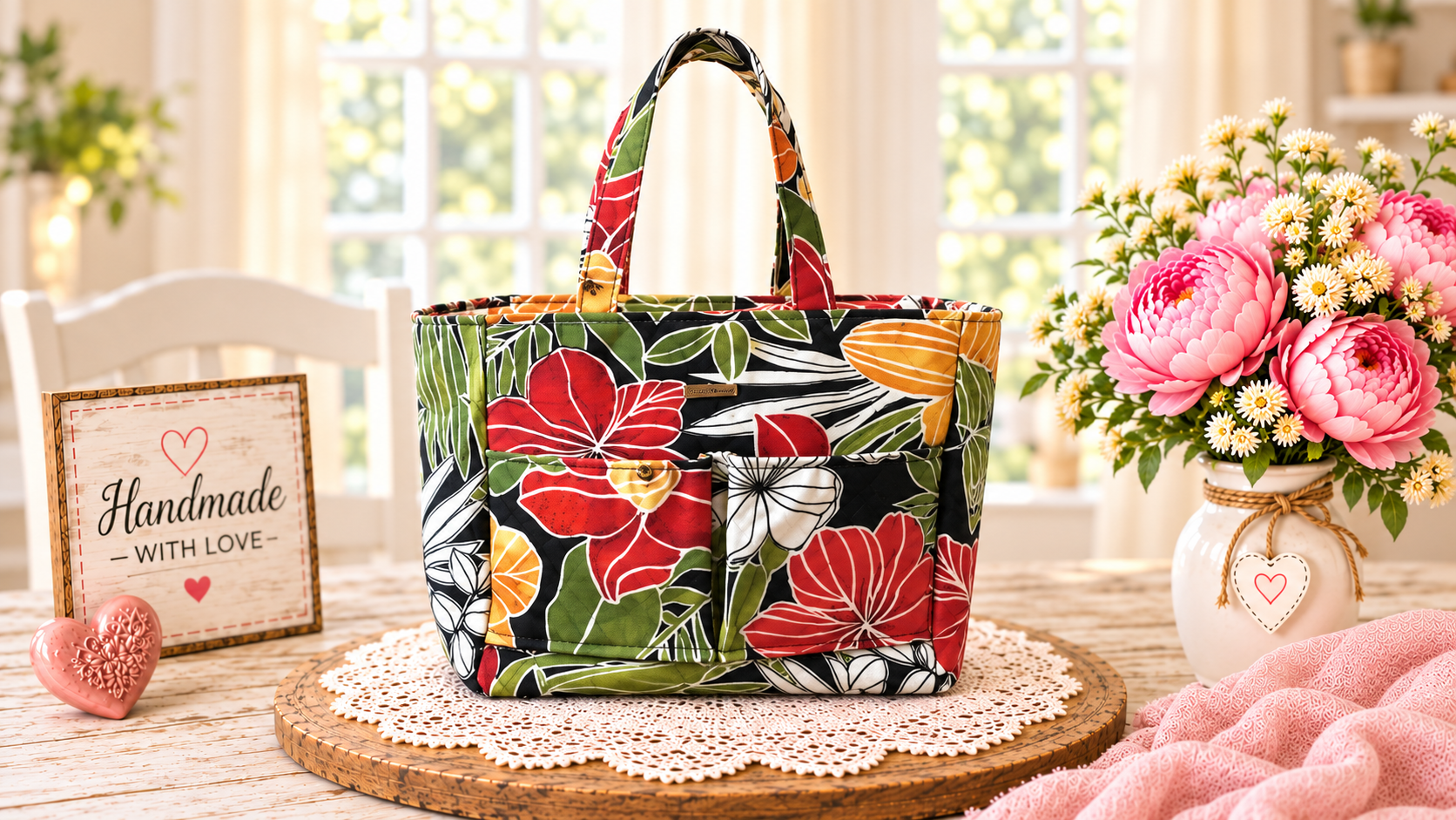 Handmade tropical floral tote bag with two front pockets and matching fabric handles.