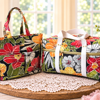 Handmade tropical floral travel bag set with matching tote and insulated duffle.