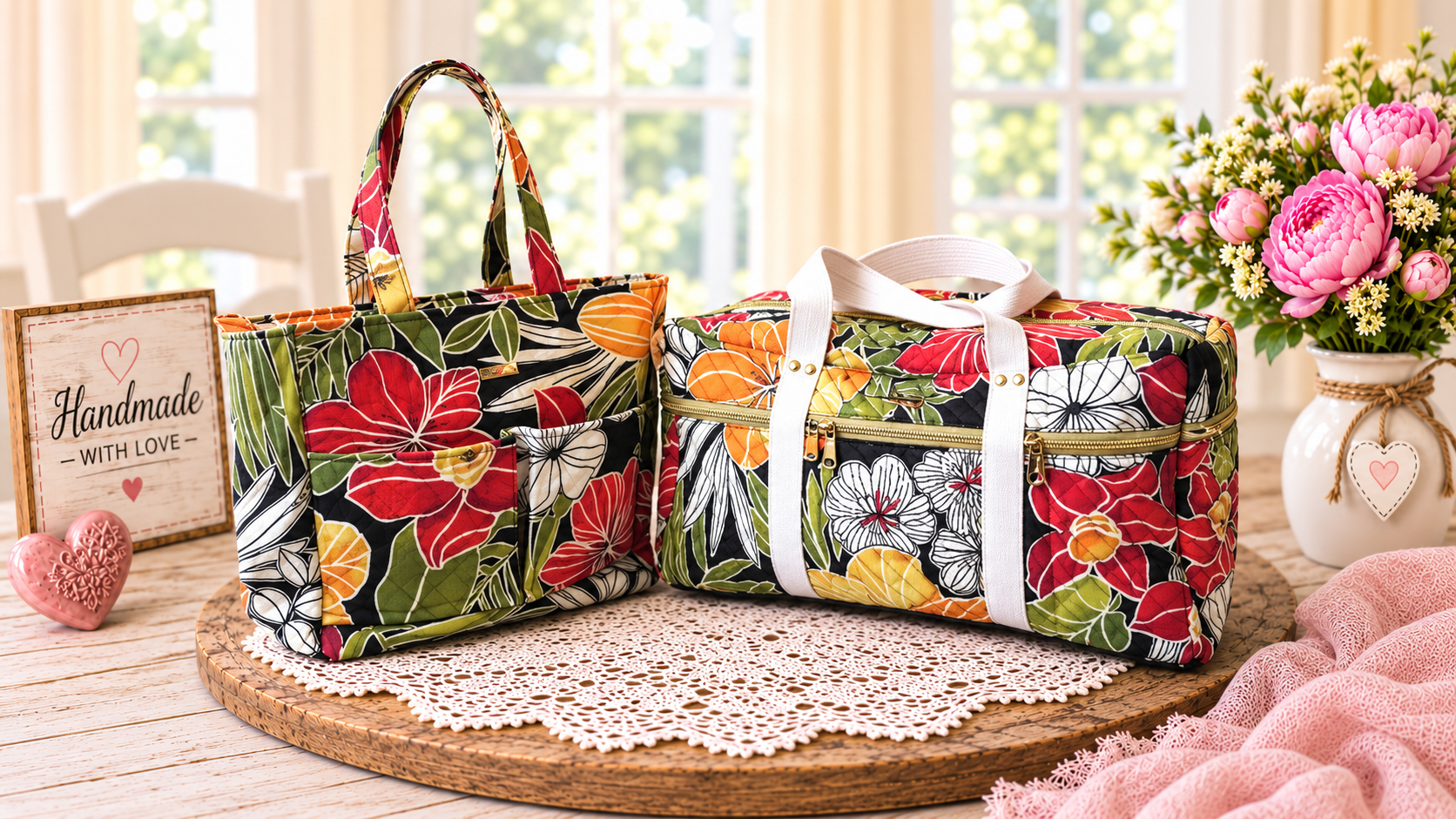 Handmade tropical floral travel bag set with matching tote and insulated duffle.
