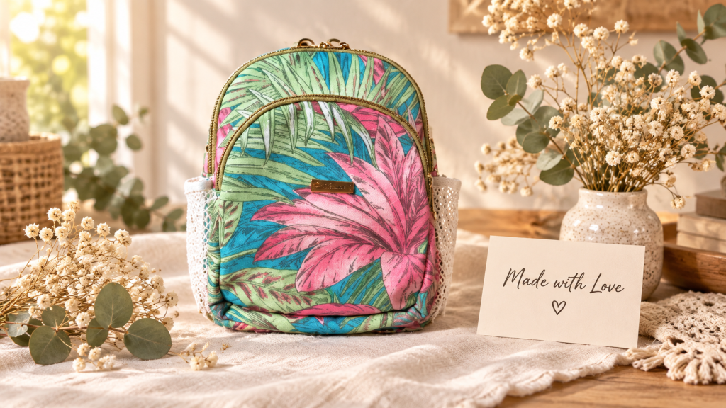 Handmade tropical floral waterproof canvas mini backpack with pink flowers and green and blue leaves